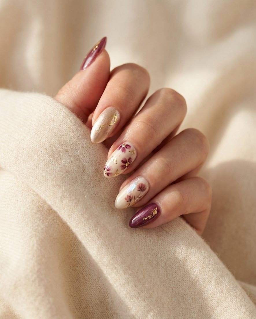 Creatieve nail art met bloemmotief en gouden accenten