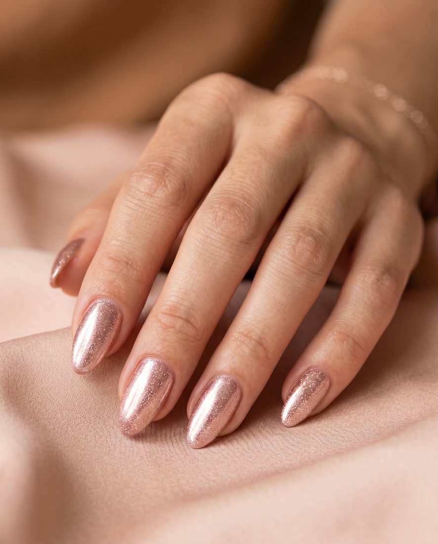 Glanzende rose-gold chrome manicure