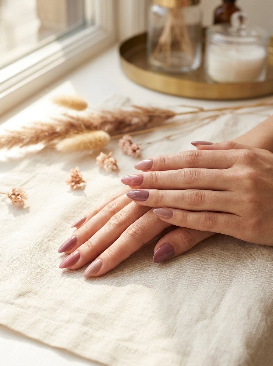 Twee verzorgde handen met een glanzende mauve manicure, rustend op linnen met droogbloemen